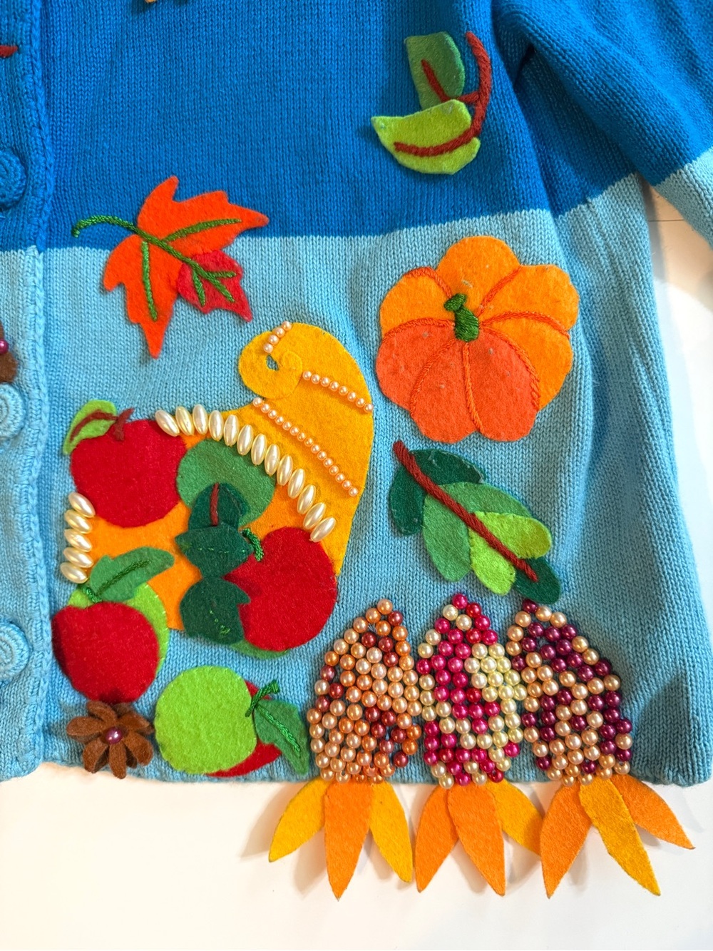 VTG Michael Simon Thanksgiving Cardigan Sweater ApliquΓ© Turkey Cornucopia 1999 M - Picture 6 of 14